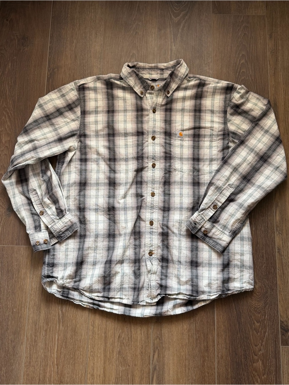 Carhartt Men's Light Gray and Black Plaid Button-Down Shirt